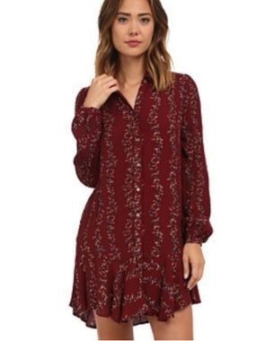 Free People burgundy floral print long sleeve button down shirt dress